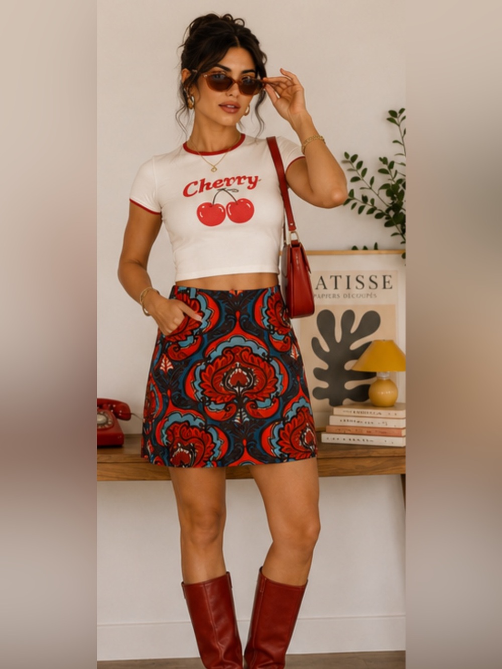 Vintage Retro Y2K/90’s Floral A-Line Skirt in Red & Teal 🦋